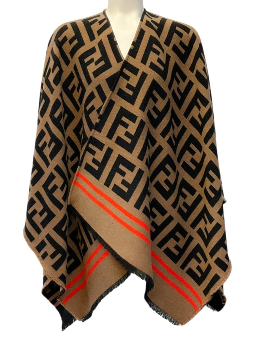 Fendi Black / Tan Zucca FF Monogram Wool Poncho